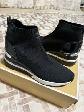 Michael Kors Black Knit Sock Wedge Sneakers with Silver Accents